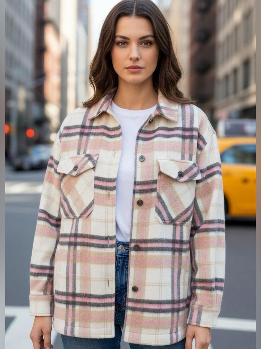 Zara Plaid Shacket in Pink and Cream with Pockets Size S